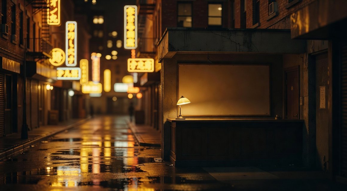 조명 아래 빈 안내판과 카운터 — 코스 구성 확인